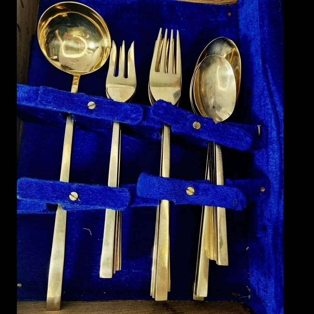 Vintage Solid Bronze Thai Made Cutlery Set of 4+ Chopstick Model Rosewood Box